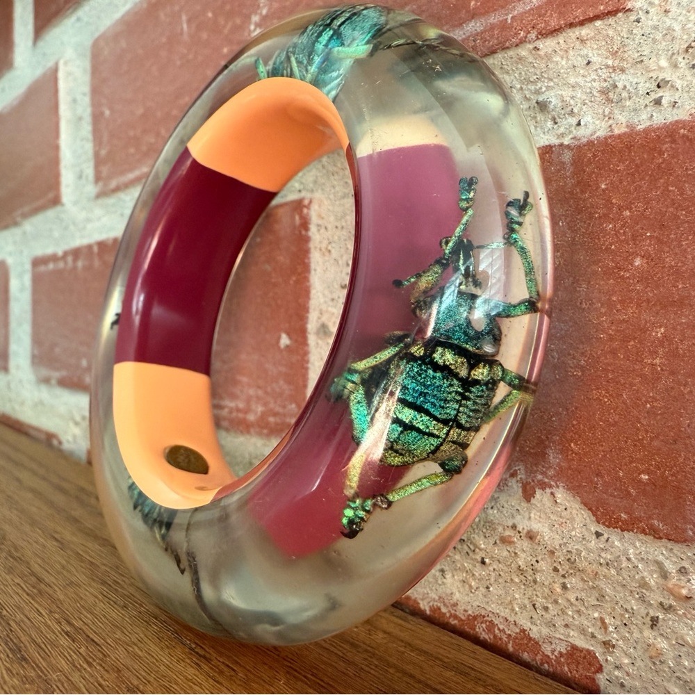 Kolos Designs Vintage Lucite Weevil Iridescent Beetle Bug Bangle Bracelet 1960s